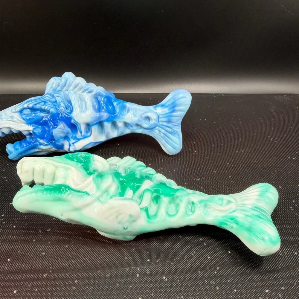 Hand Crafted Resin Fish Skeleton Figurines Blue Green Marbled Art Decor Set of 2